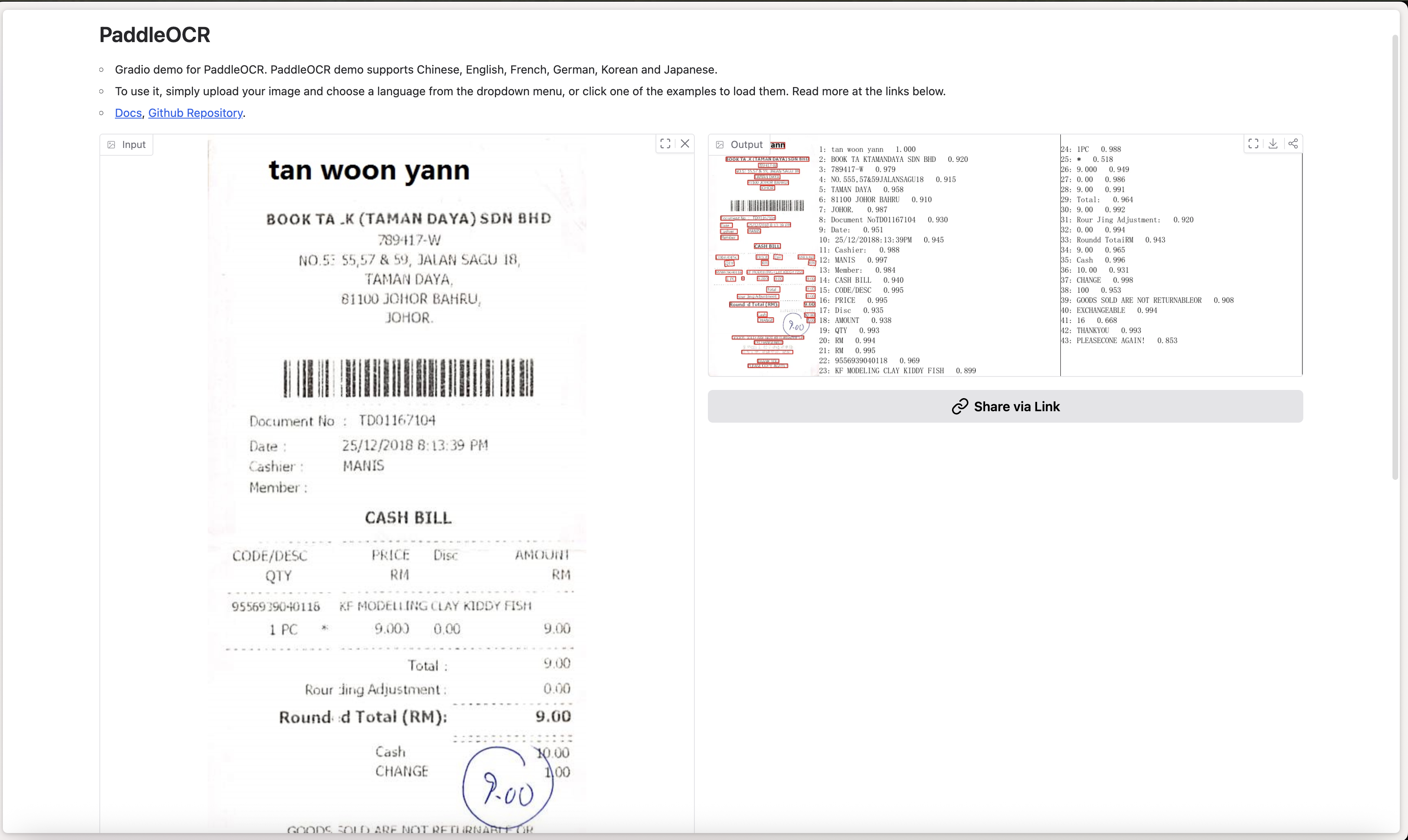 PaddleOCR output example