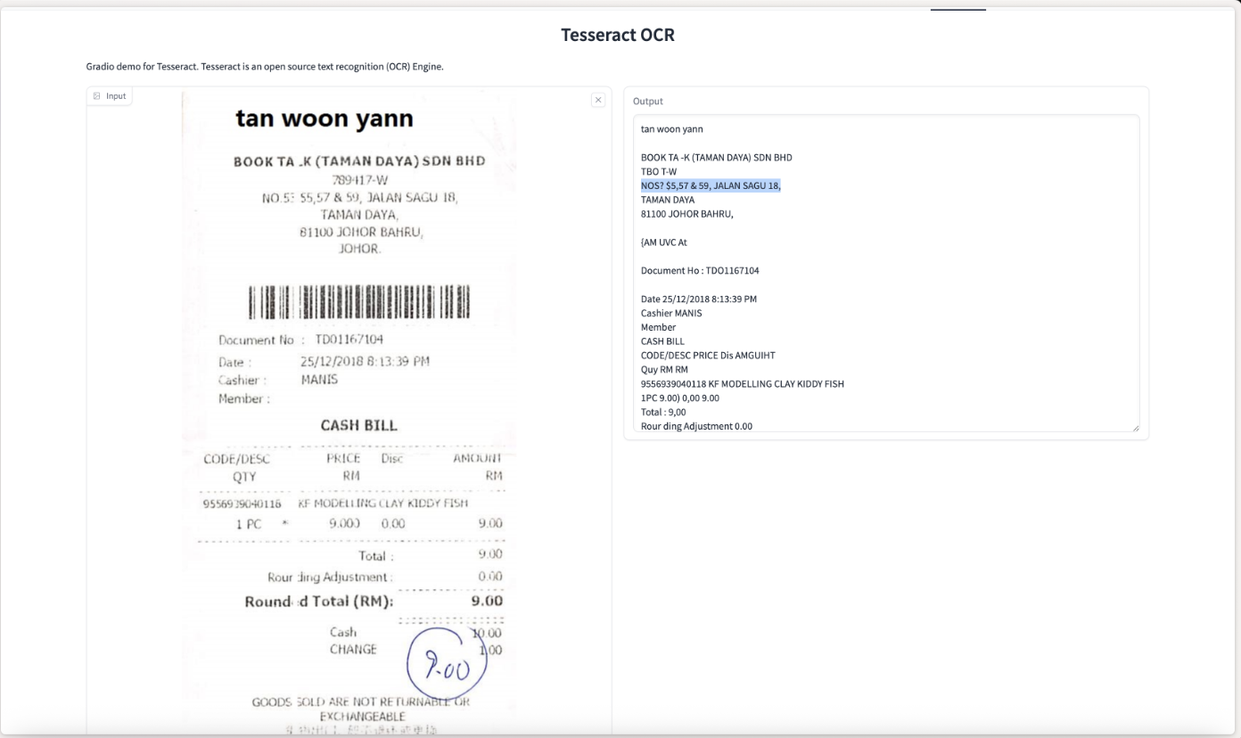Tesseract output example